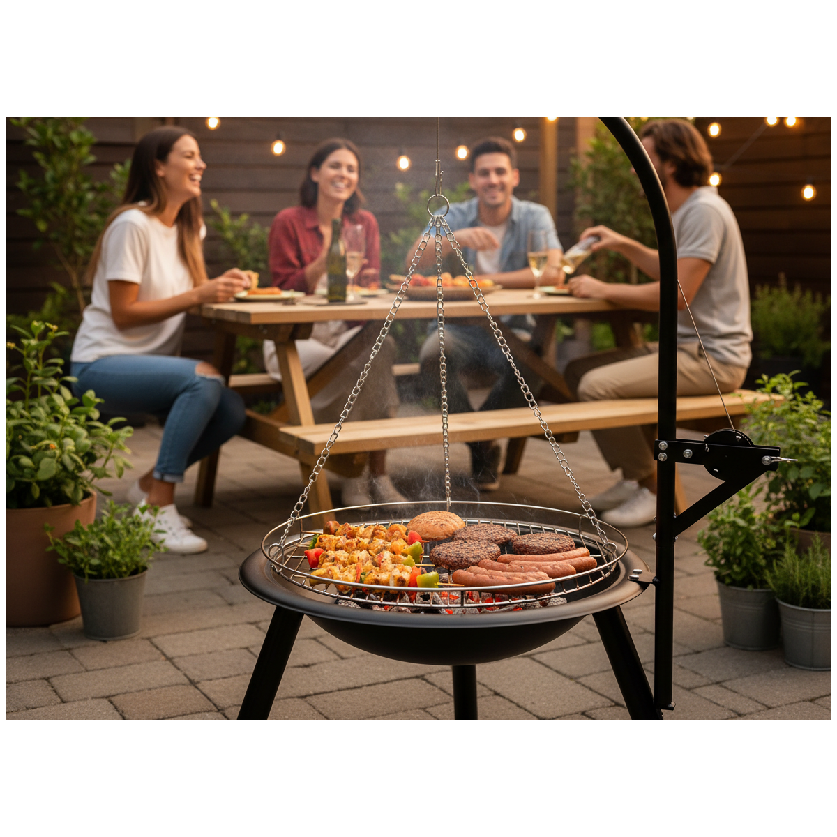 Függesztett grill 55 cm-es tűztérrel, állítható rácssal, magassága 100 cm