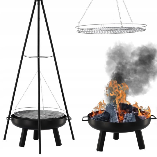 Háromlábas függő grill, 60 cm – állítható sütőrács, magasság 150 cm
