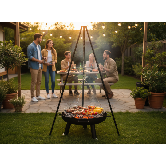 Háromlábas függő grill, 60 cm – állítható sütőrács, magasság 150 cm