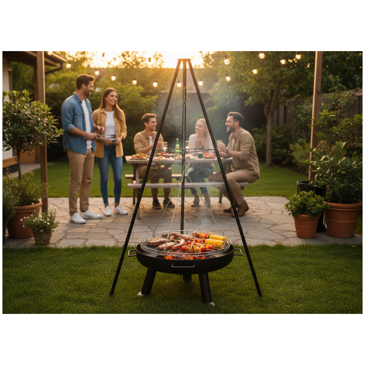 Háromlábas függő grill, 60 cm – állítható sütőrács, magasság 150 cm