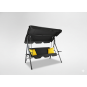Minőségi fekete színű kerti hinta sárga párnákkal.