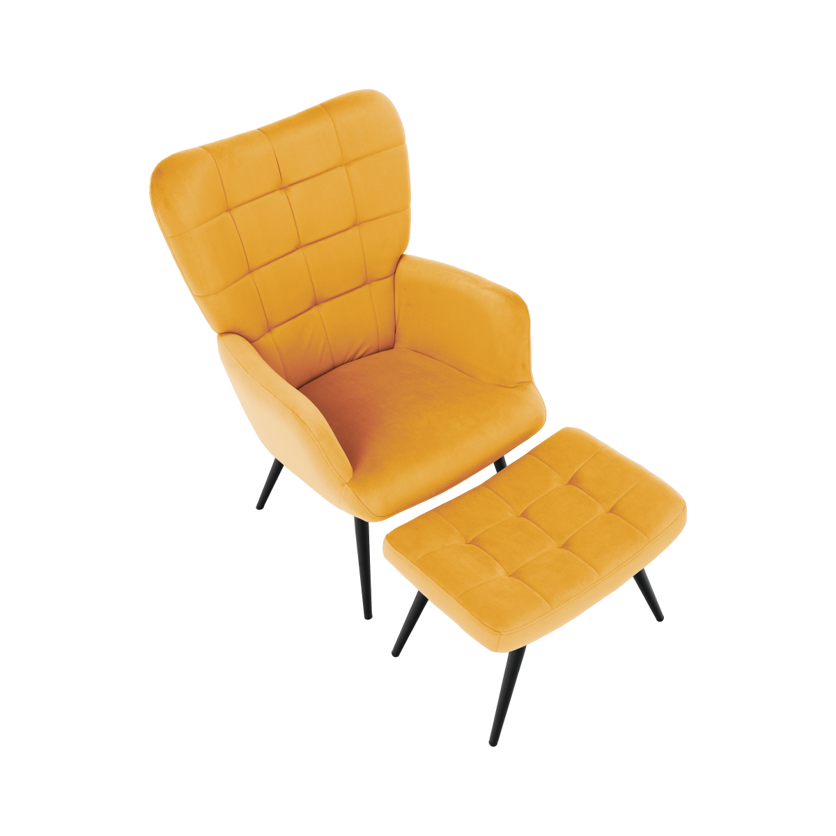 Modern, sárga színű füles fotel lábtartóval