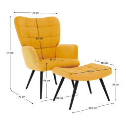 Modern, sárga színű füles fotel lábtartóval