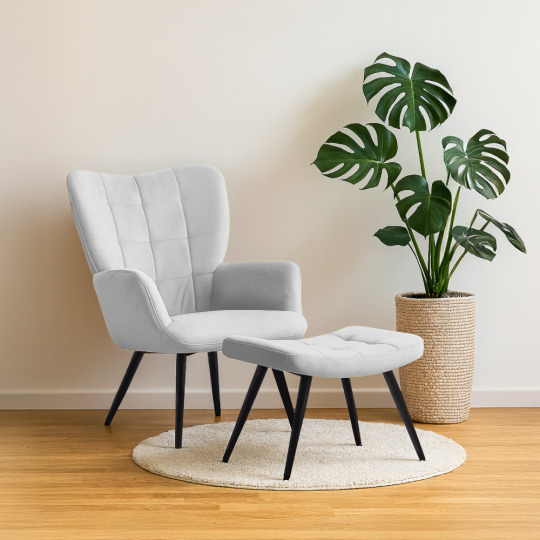 HABEN lábtartós fotel, világosszürke Velvet szövet / fekete váz
