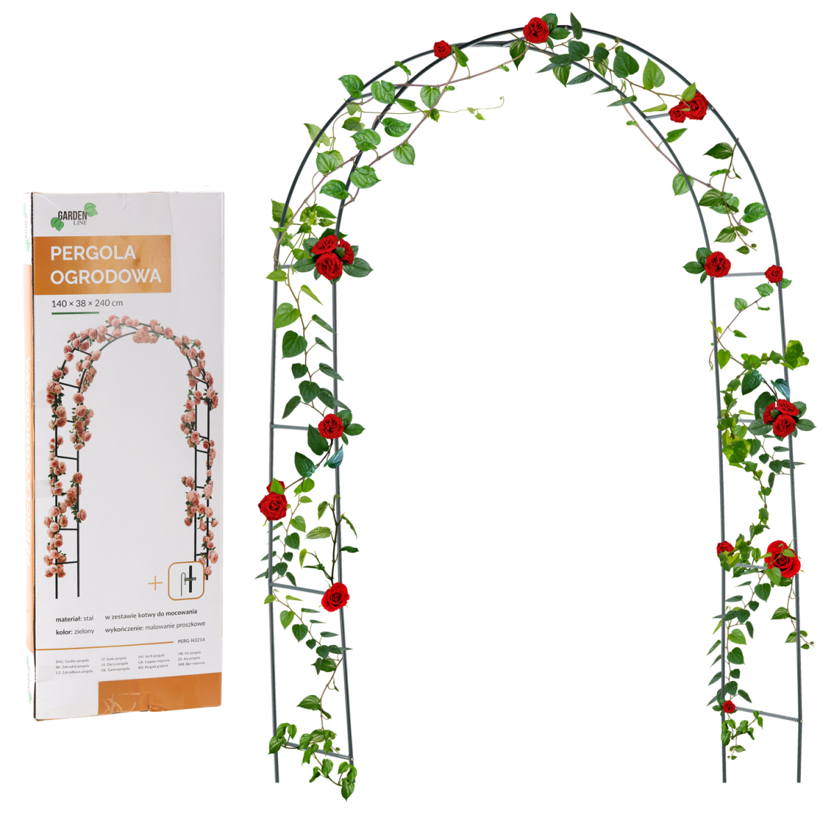 Kerti pergola 140 × 38 × 240 cm + horgonyok | Fém támasz kúszónövényekhez