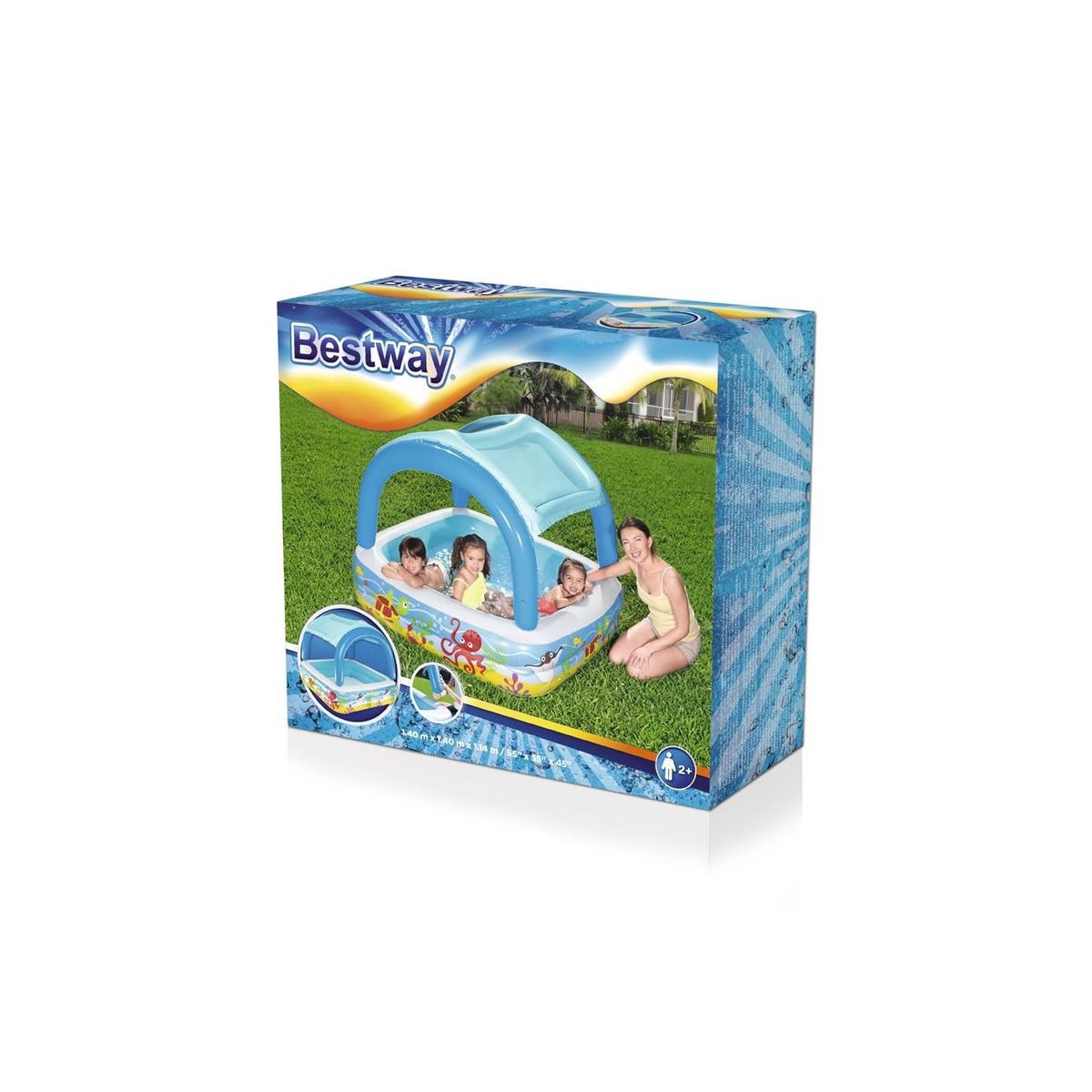 Gyerek felfújható medence Bestway Coral Reef napellenzővel 147 × 147 × 122 cm