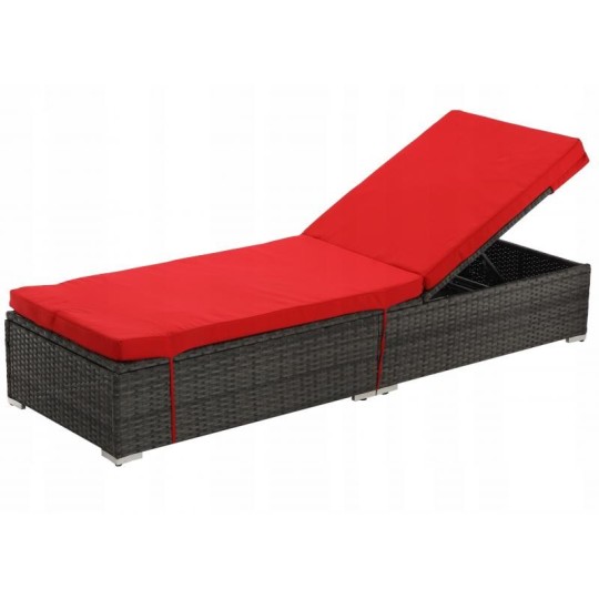 Rattan kerti napozóágy piros párnákkal