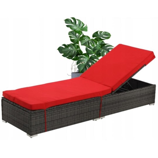 Rattan kerti napozóágy piros párnákkal