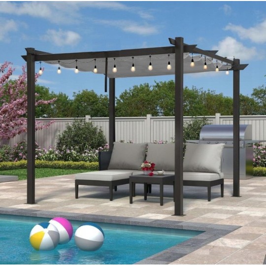 Kerti pergola 3 × 3 m toló tetővel – antracit színű fém pergola teraszra