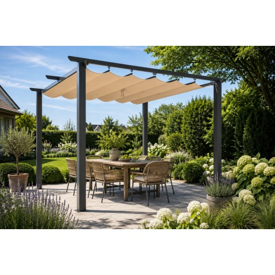 Kerti pergola 3 × 4 m toló tetővel bézs színben