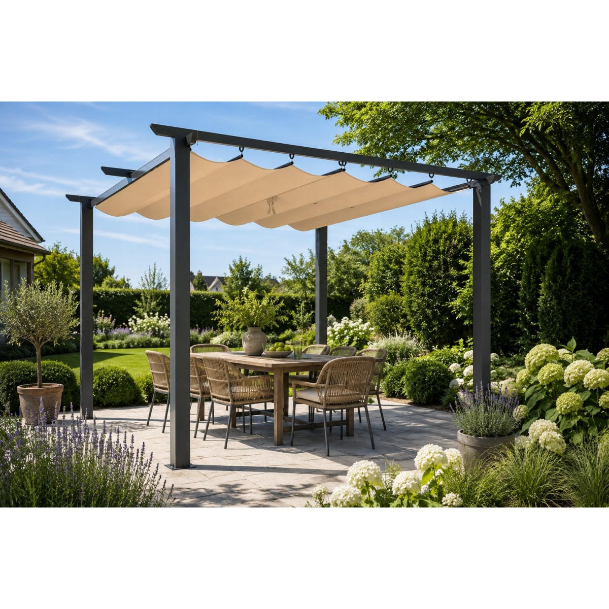 Kerti pergola 3 × 4 m toló tetővel bézs színben