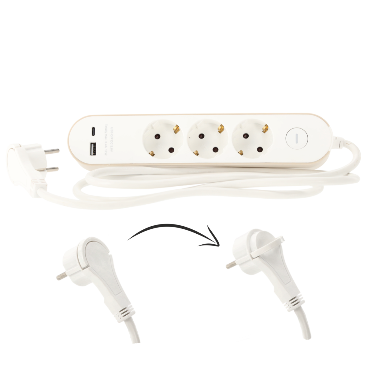 Hosszabbítókábel kapcsolóval – 3 aljzat, USB-A, USB-C, 1,5 m