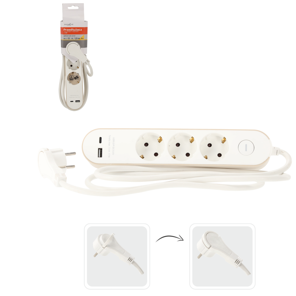 Hosszabbítókábel kapcsolóval – 3 aljzat, USB-A, USB-C, 1,5 m