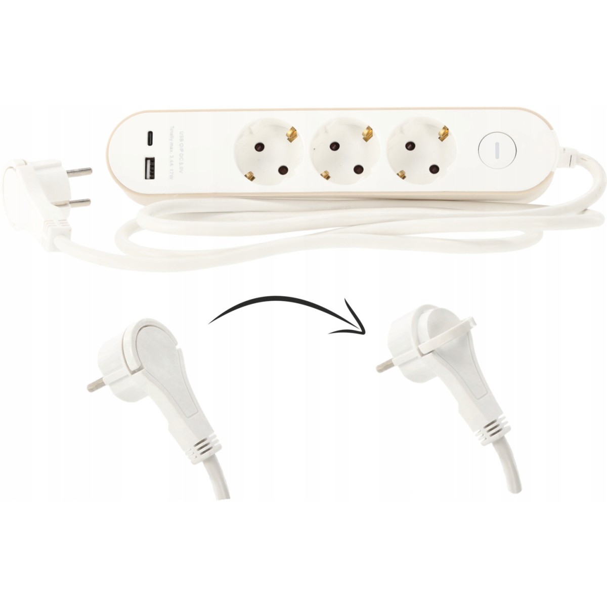 Hosszabbítókábel kapcsolóval – 3 aljzat, USB-A, USB-C, 1,5 m