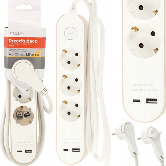 Hosszabbítókábel kapcsolóval – 3 aljzat, USB-A, USB-C, 1,5 m