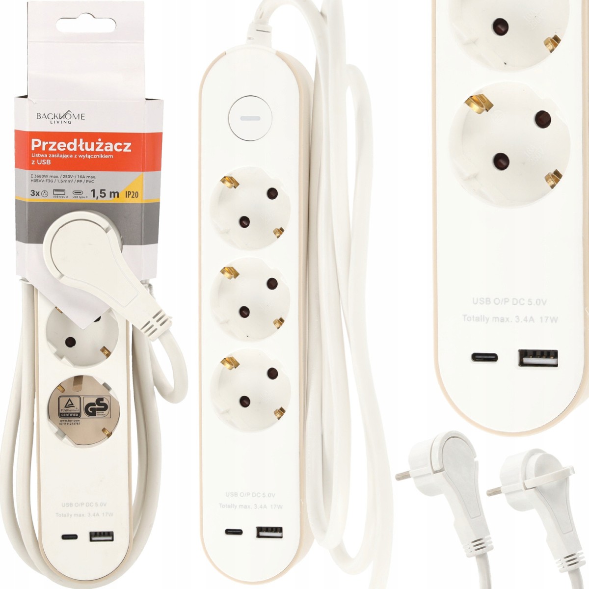 Hosszabbítókábel kapcsolóval – 3 aljzat, USB-A, USB-C, 1,5 m