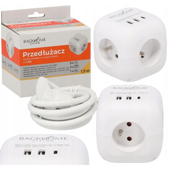 Kocka alakú hosszabbító kábel – 3 aljzat, 2× USB-A, USB-C PD 20 W, 1,5 m