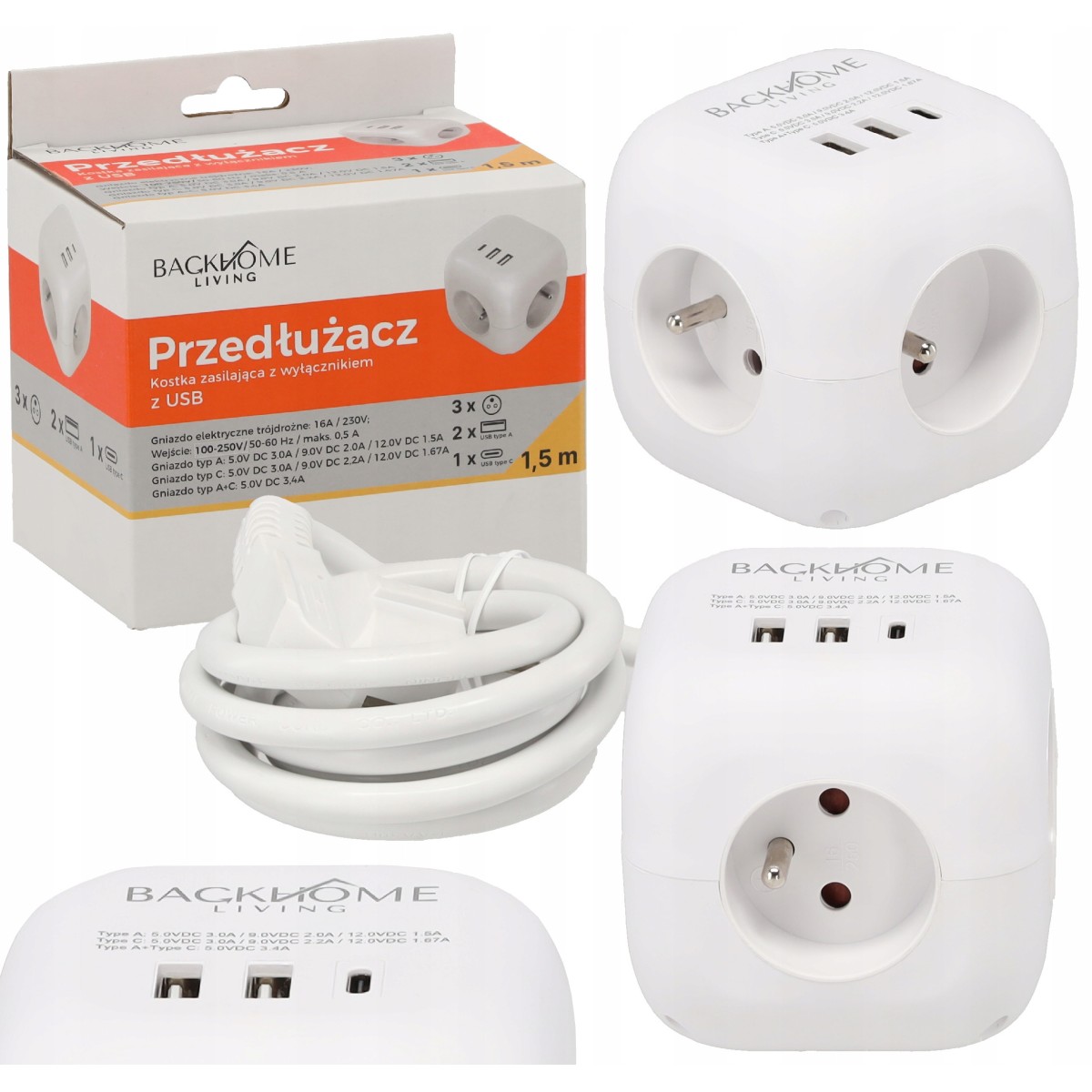 Kocka alakú hosszabbító kábel – 3 aljzat, 2× USB-A, USB-C PD 20 W, 1,5 m