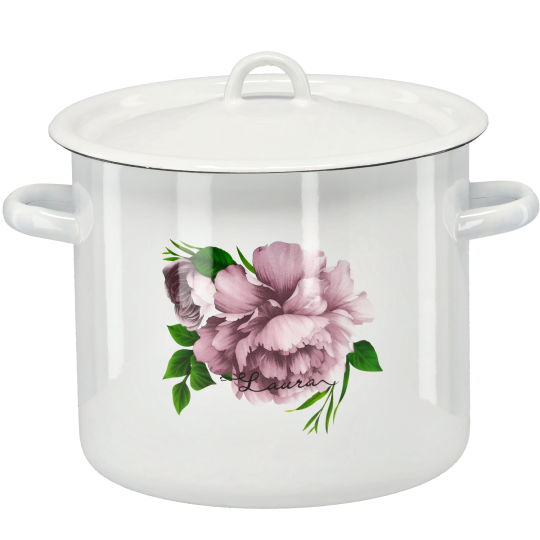 Zománcozott fazék Bazsarózsa Laura fedővel 7 l – 22 cm, fehér