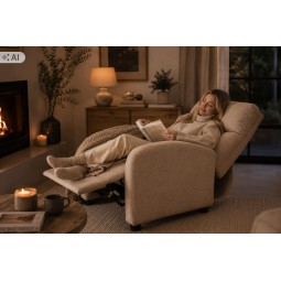 Bézs színű, kinyitható, szövetből készült relaxfotel.