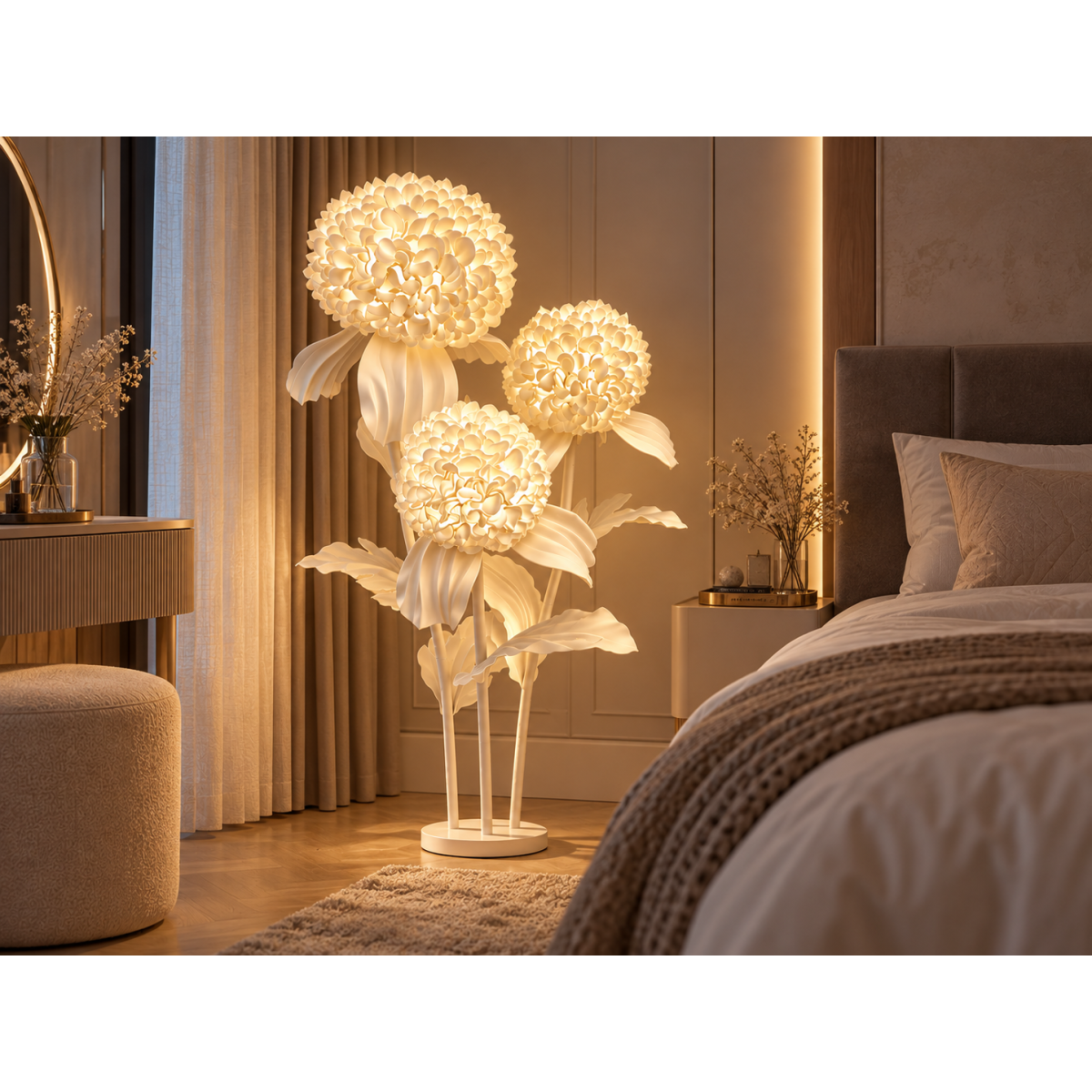 LED 3D virágdekoráció Krizantém 1,5 m - 3 fehér virág