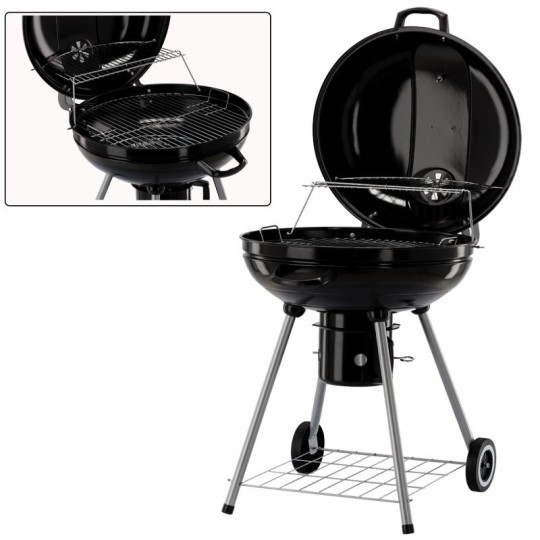 Gömb alakú kerti grill kerekekkel.