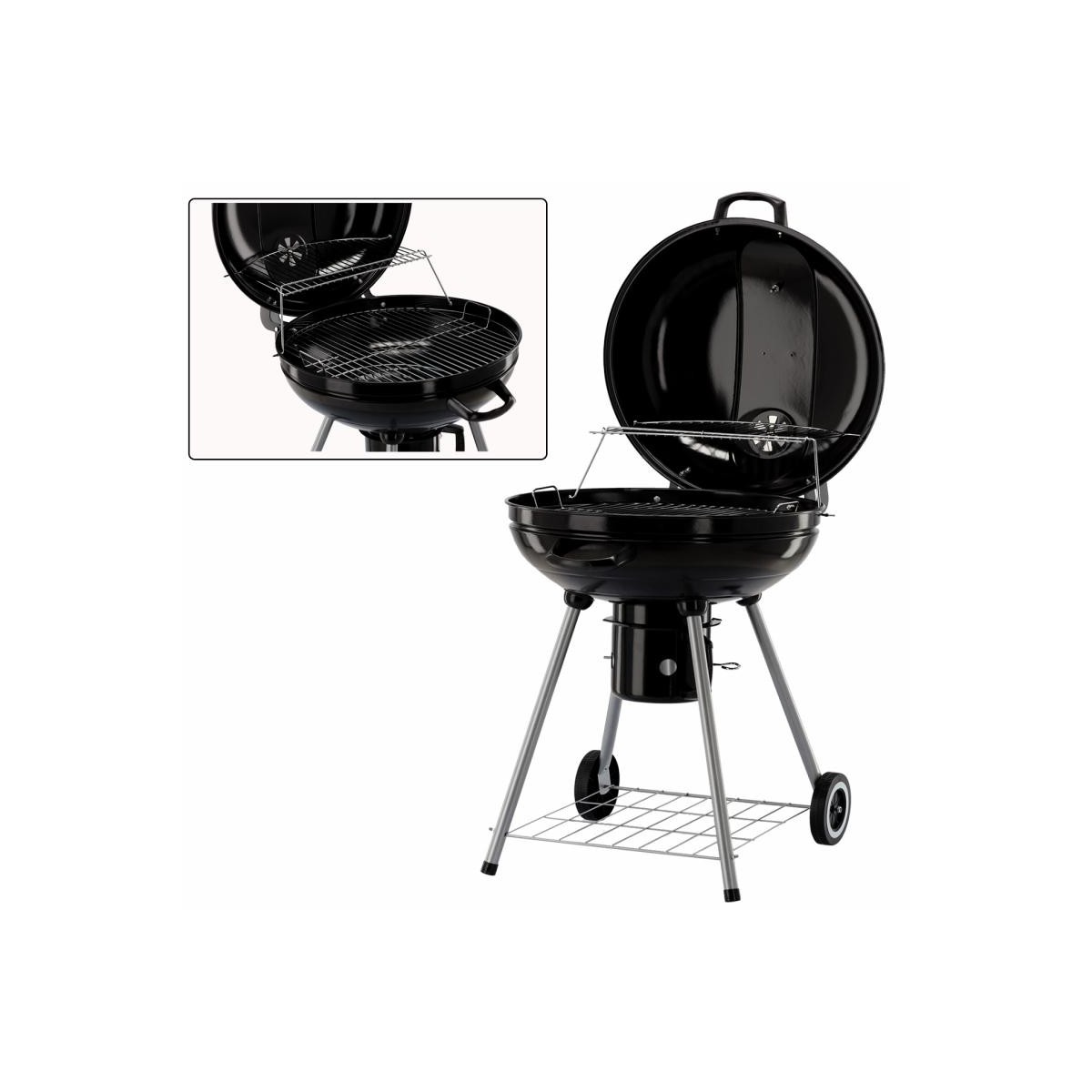 Gömb alakú kerti grill kerekekkel.