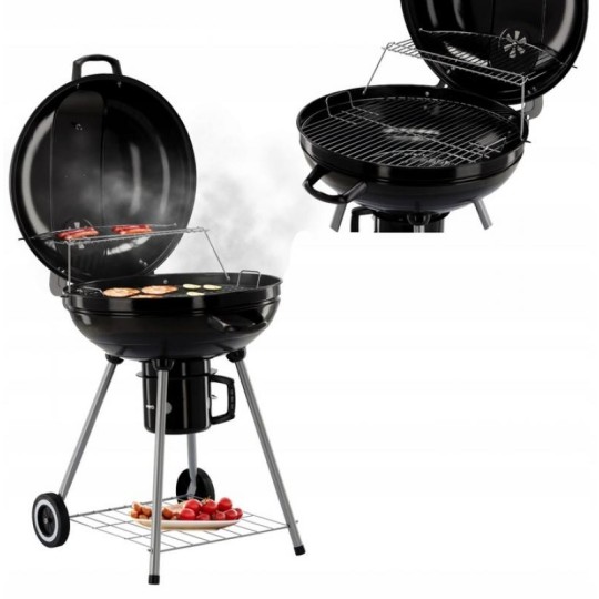 Gömb alakú kerti grill kerekekkel.