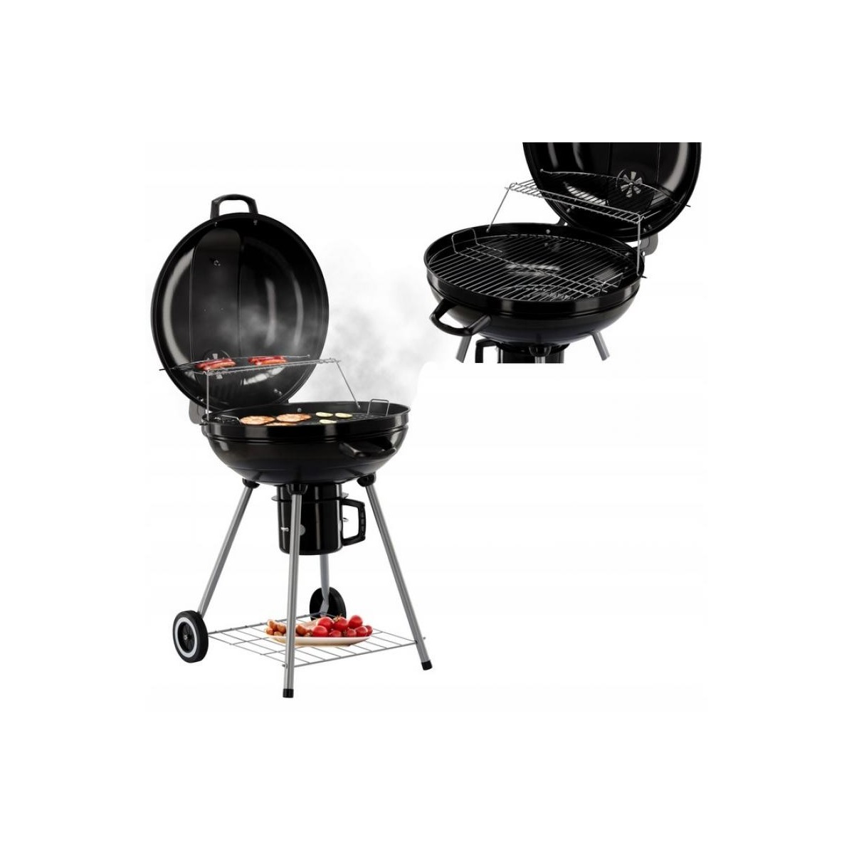 Gömb alakú kerti grill kerekekkel.